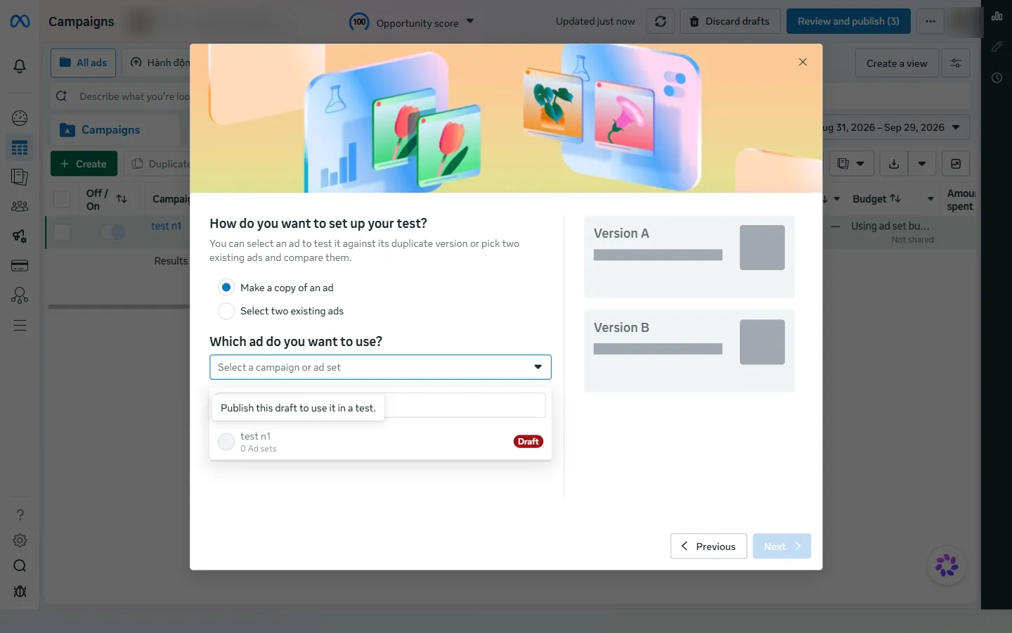Ads Manager – A/B Test – chiến dịch test n1 mang nhãn Draft và thông báo Publish this draft to use it in a test