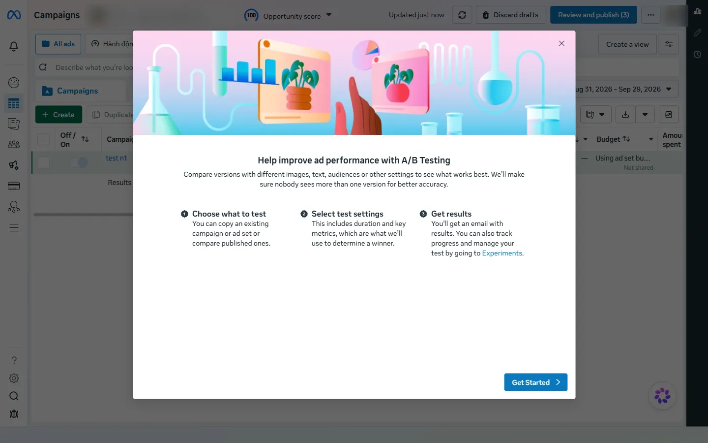 Ads Manager – hộp thoại giới thiệu A/B Testing – Meta cam kết không ai thấy quá một phiên bản để kết quả chính xác hơn