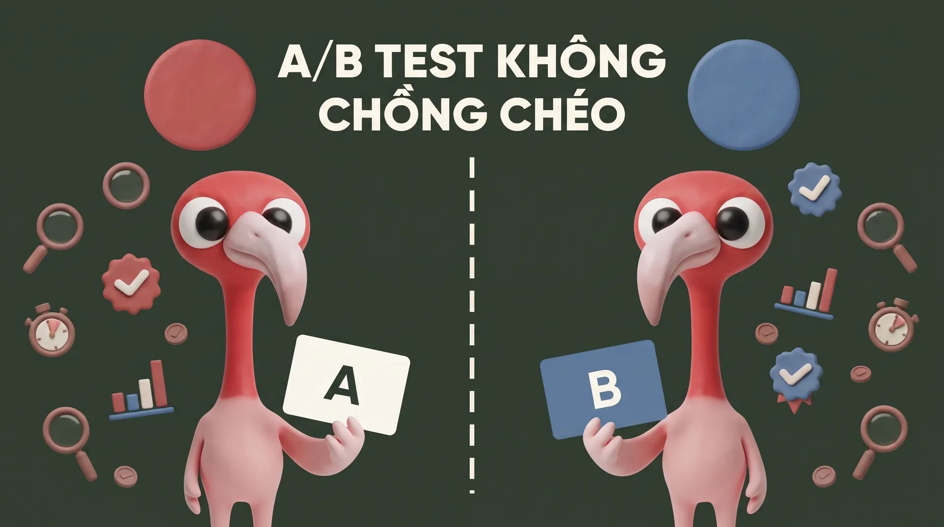 Hai linh vật hồng hạc cầm thẻ A và thẻ B, hai vòng tròn đối tượng tách biệt phía trên – A/B test không chồng chéo