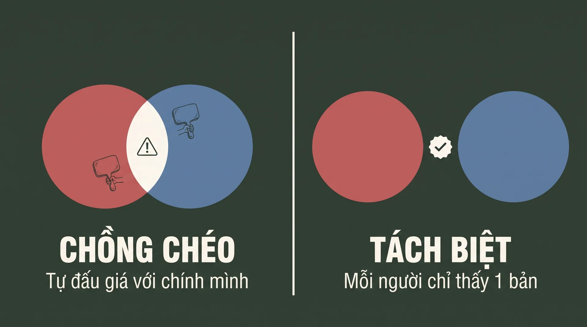 Hai vòng tròn đối tượng chồng nhau (tự đấu giá với chính mình) so với hai vòng tròn tách biệt (mỗi người thấy một bản)
