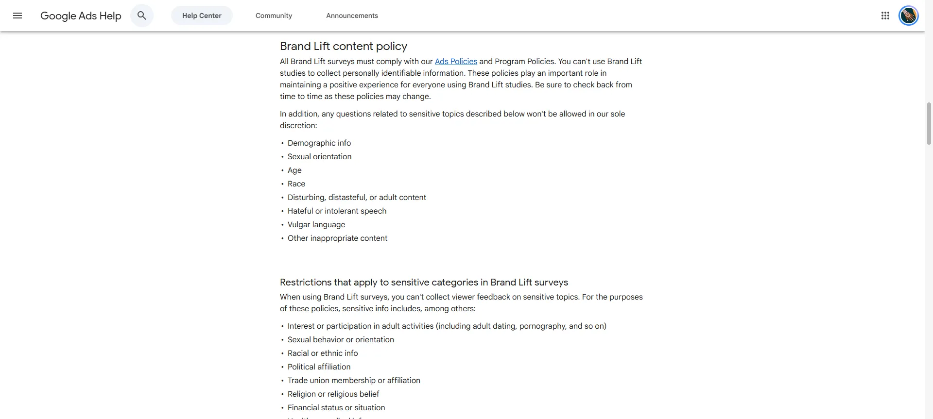 Google Ads Help – Brand Lift content policy liệt kê các chủ đề nhạy cảm bị cấm trong câu hỏi khảo sát