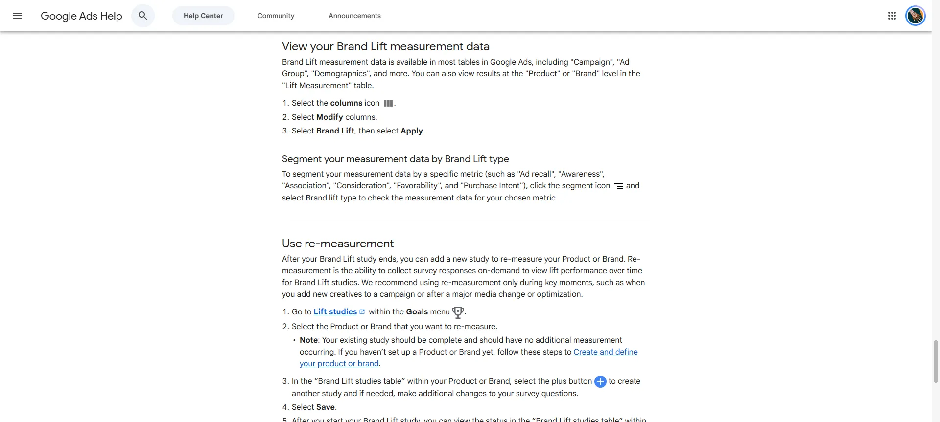 Google Ads Help – 3 bước thêm cột Brand Lift vào báo cáo: chọn biểu tượng cột, chọn Modify columns, chọn Brand Lift rồi Apply