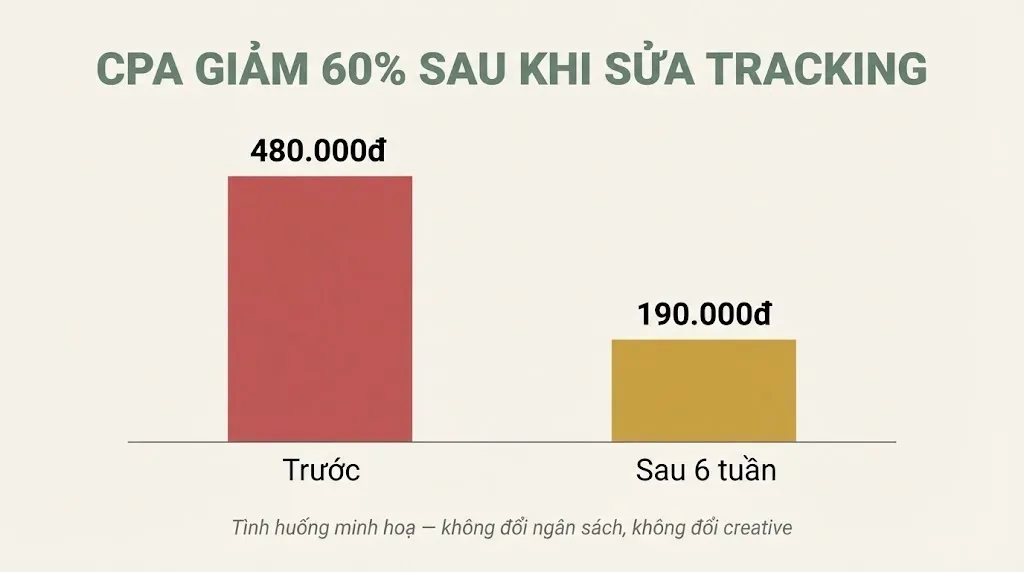 Biểu đồ cột CPA giảm 60% từ 480.000đ xuống 190.000đ sau khi sửa lỗi tracking đếm trùng Purchase