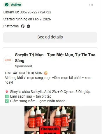 Meta Ad Library – quảng cáo Sheylis trị mụn – đi đúng khuôn Problem, Agitate, Solution