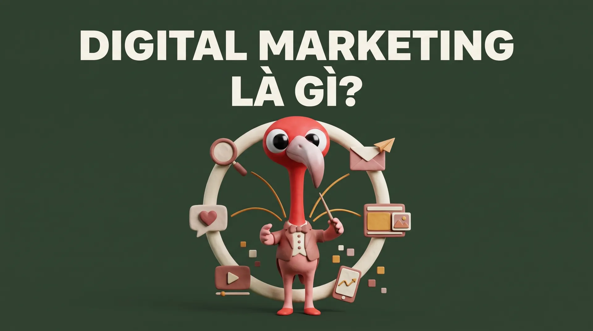 Minh hoạ linh vật hồng hạc làm nhạc trưởng điều phối 5 kênh digital marketing — tìm kiếm, mạng xã hội, email, hiển thị, video