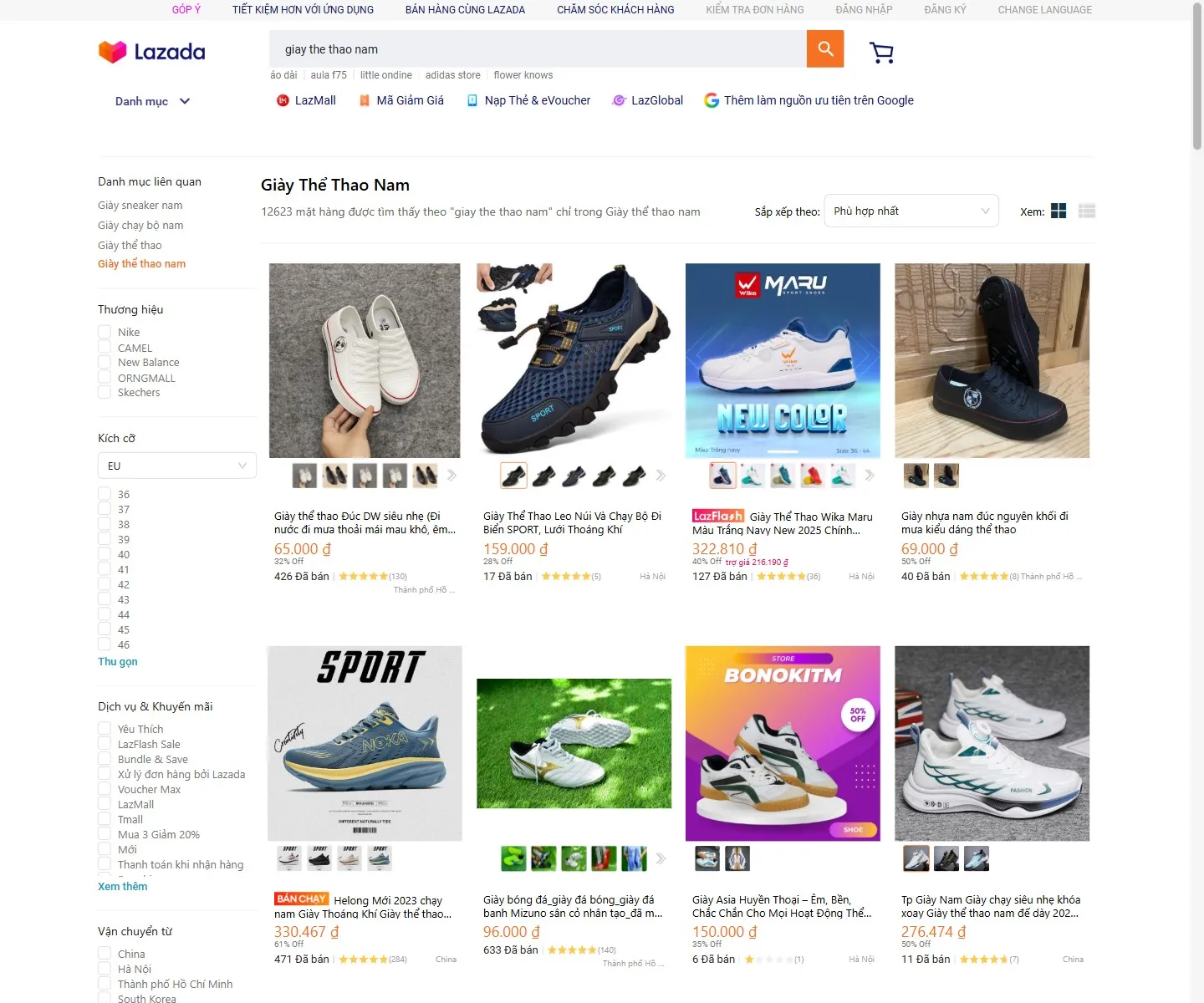 Trang kết quả tìm kiếm thật trên Lazada.vn