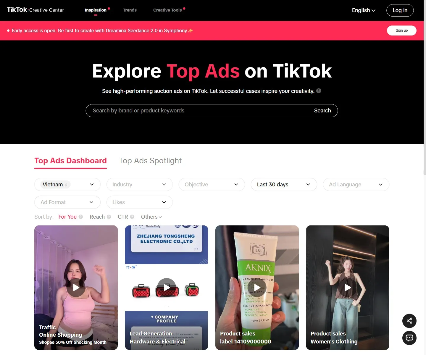 TikTok Creative Center Top Ads Dashboard lọc theo Việt Nam