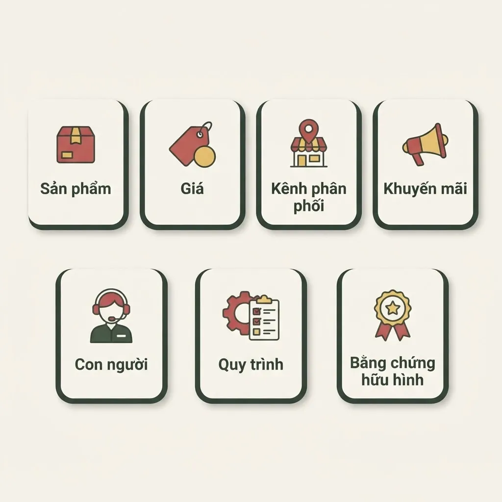 Sơ đồ 7P marketing có nhãn — Sản phẩm, Giá, Kênh phân phối, Khuyến mãi, Con người, Quy trình, Bằng chứng hữu hình