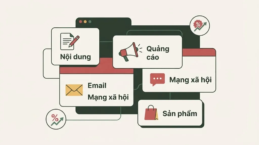 5 kênh marketing của một shop — Nội dung, Quảng cáo, Email, Mạng xã hội, Sản phẩm — cùng phối hợp cho 1 đơn hàng