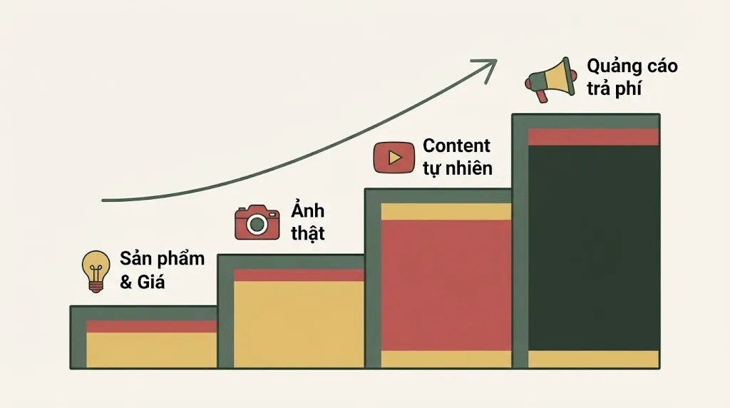 Cầu thang 4 bậc có nhãn — Sản phẩm & Giá, Ảnh thật, Content tự nhiên, Quảng cáo trả phí — leo dần theo ngân sách