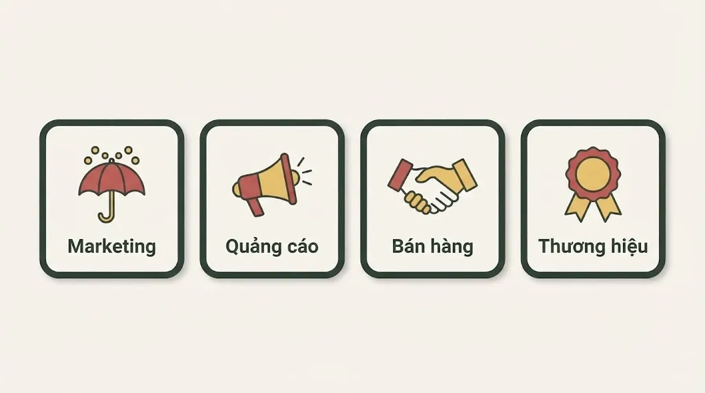 4 thẻ có nhãn — Marketing, Quảng cáo, Bán hàng, Thương hiệu — 4 vai trò khác nhau trong 1 đơn hàng