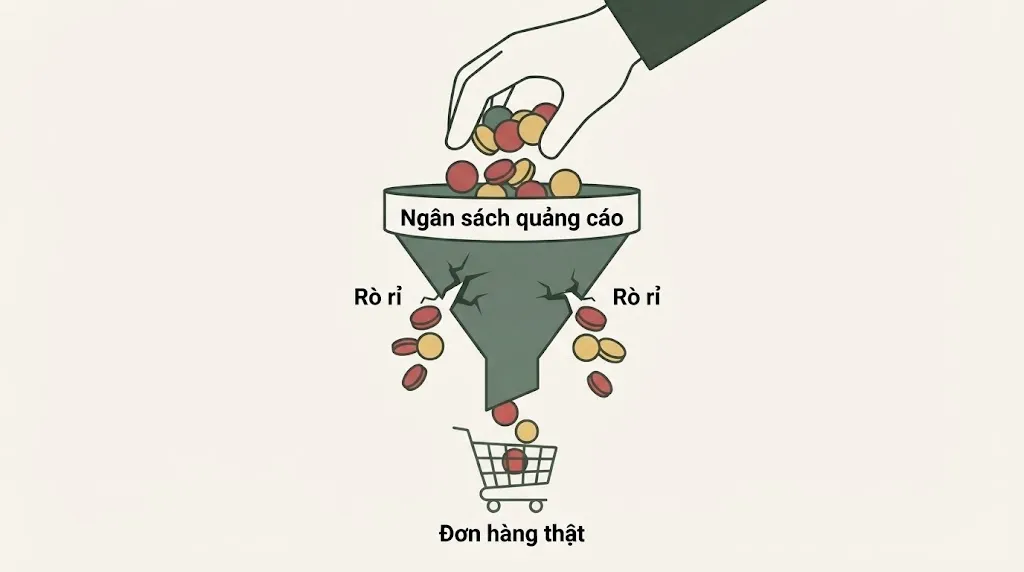 Phễu có nhãn Ngân sách quảng cáo bị Rò rỉ qua vết nứt, chỉ ít tiền đến được Đơn hàng thật