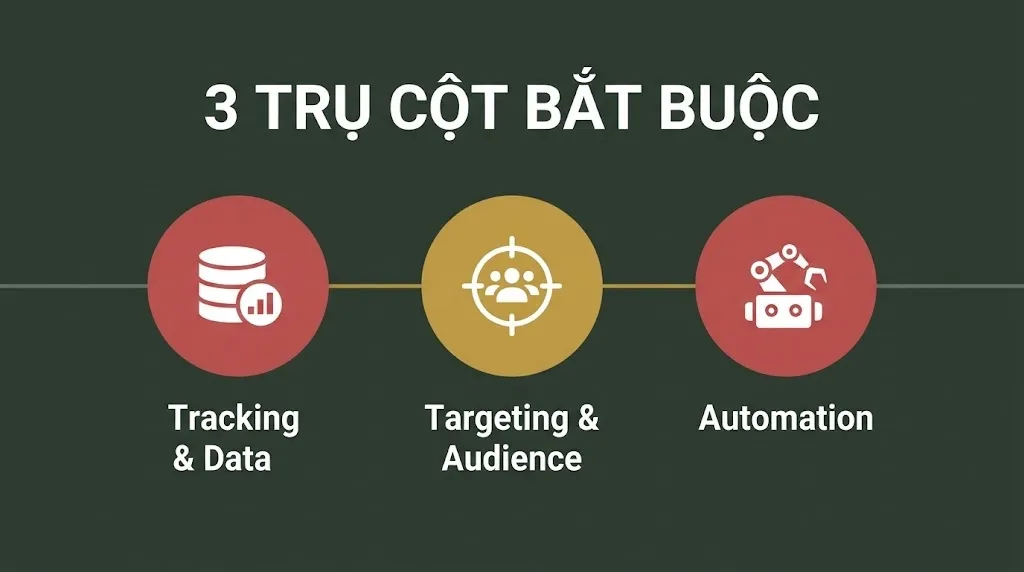 3 trụ cột bắt buộc của performance marketing có nhãn — Tracking và Data, Targeting và Audience, Automation