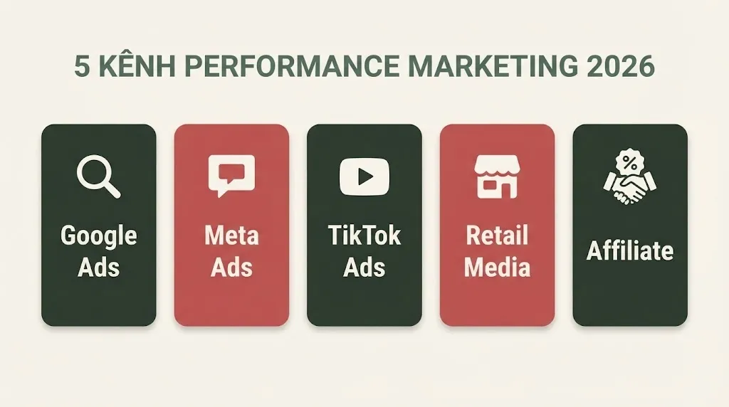 5 kênh performance marketing 2026 có nhãn — Google Ads, Meta Ads, TikTok Ads, Retail Media, Affiliate Marketing