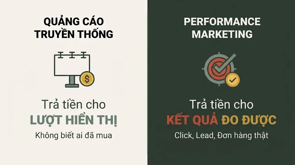 So sánh marketing truyền thống trả tiền theo hiển thị và performance marketing trả tiền theo kết quả đo được