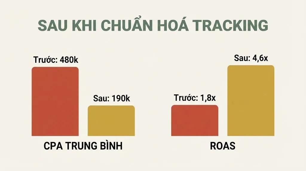 Biểu đồ cột CPA giảm từ 480.000đ xuống 190.000đ, ROAS tăng từ 1,8x lên 4,6x sau khi chuẩn hoá tracking