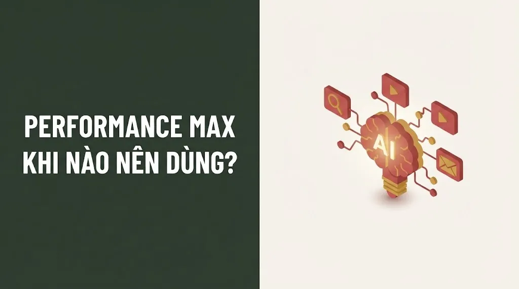 Performance Max là lớp tự động hoá phủ trên Search, Display, YouTube, Discover, Gmail và Maps