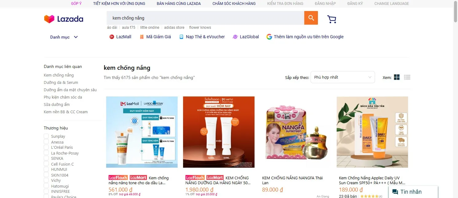 Lazada – từ khoá kem chống nắng – 6.175 sản phẩm, giá từ 89.000 đến 1.980.000 đồng cạnh tranh cùng một trang kết quả