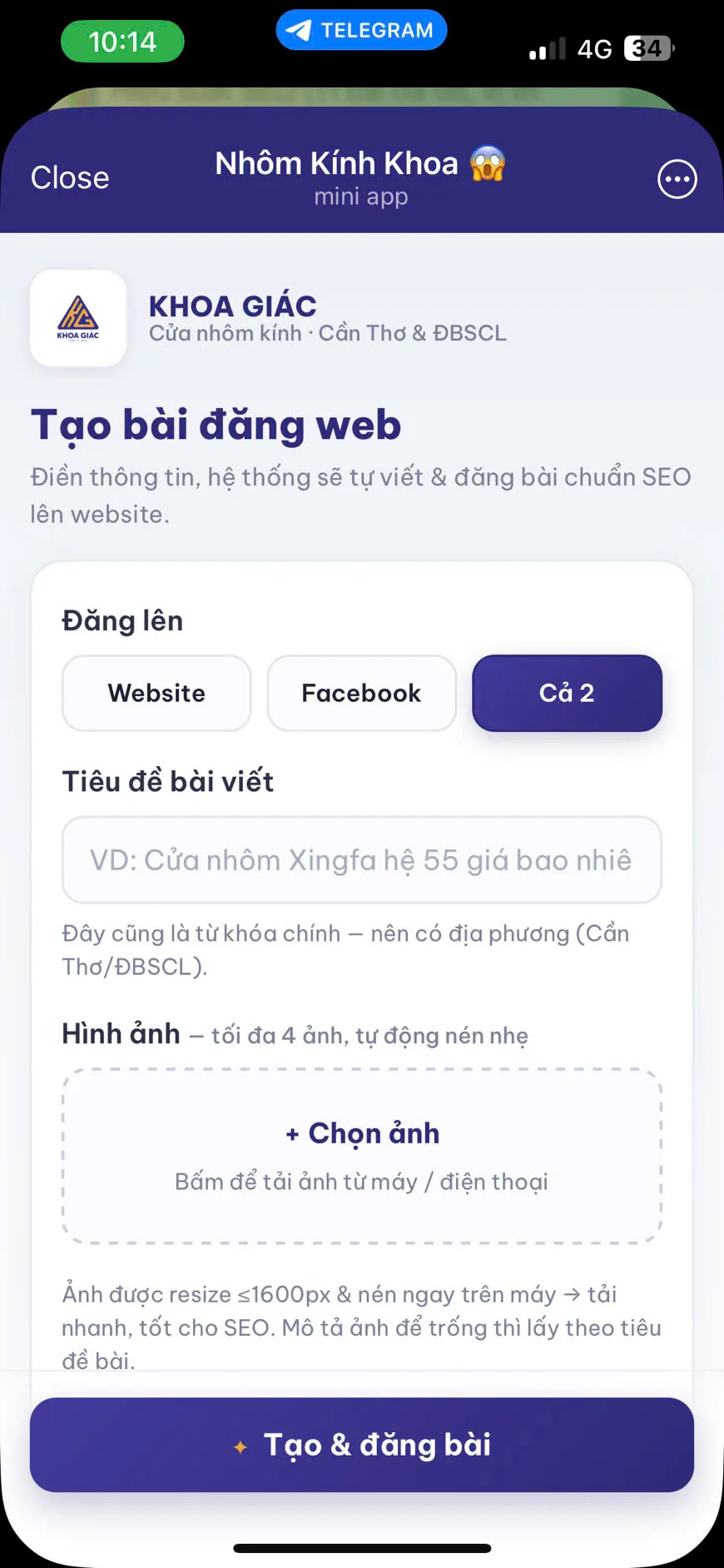 Giao diện Telegram mini-app dùng để tạo và duyệt nội dung trước khi đăng