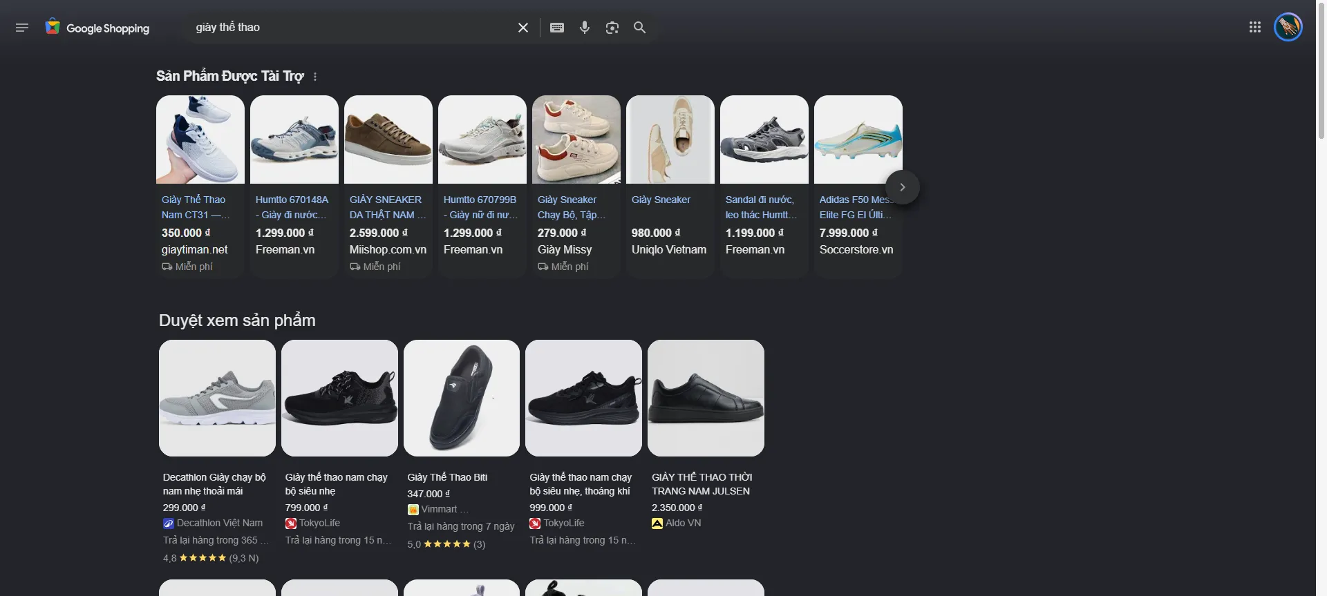 Google Shopping – kết quả 'giày thể thao'