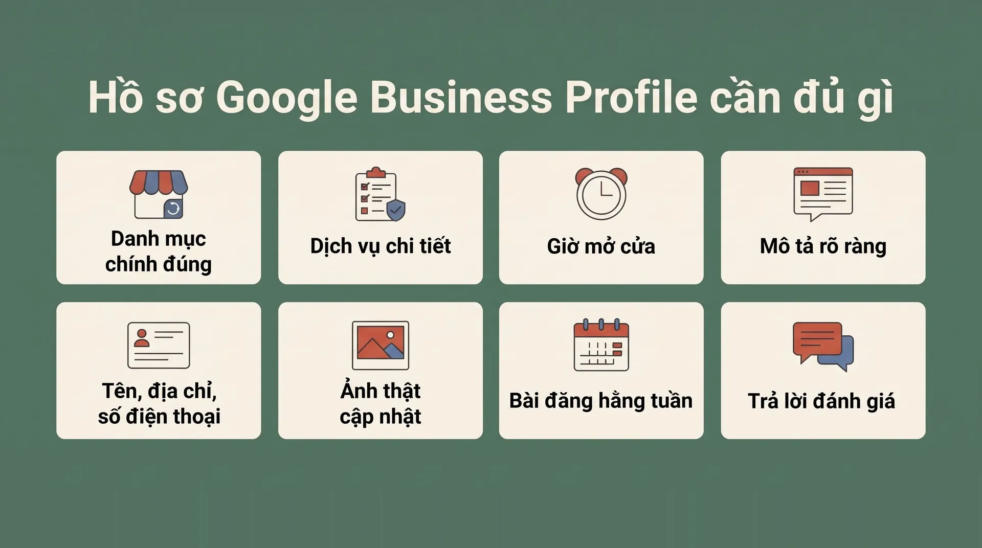 Checklist 8 mục hồ sơ Google Business Profile: danh mục, dịch vụ, giờ, mô tả, NAP, ảnh, bài đăng, trả lời đánh giá