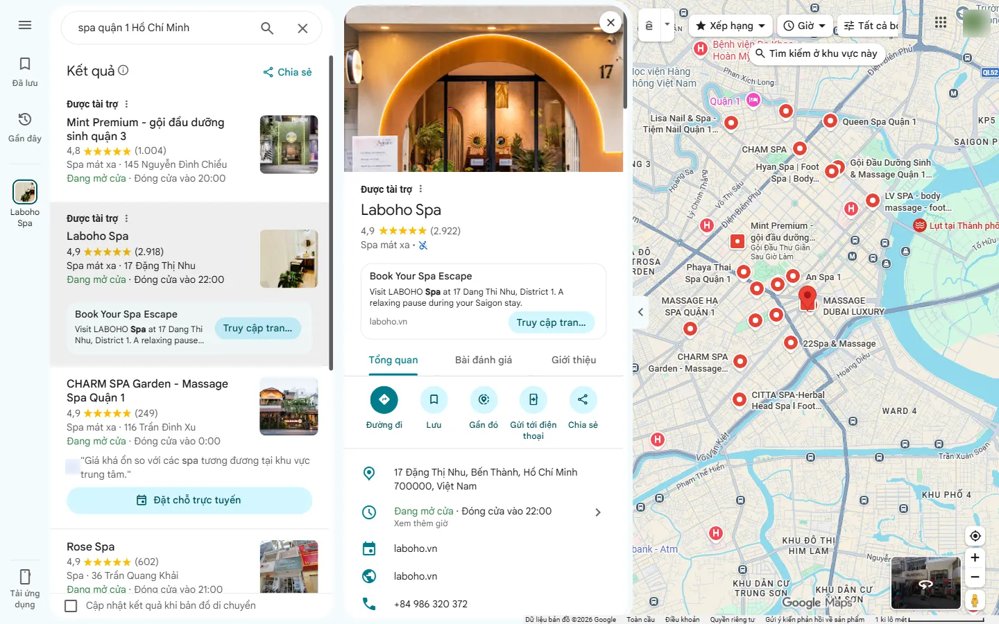 Google Maps – hồ sơ Laboho Spa – 4,9 sao cùng địa chỉ, giờ mở cửa, website, số điện thoại trong một màn hình