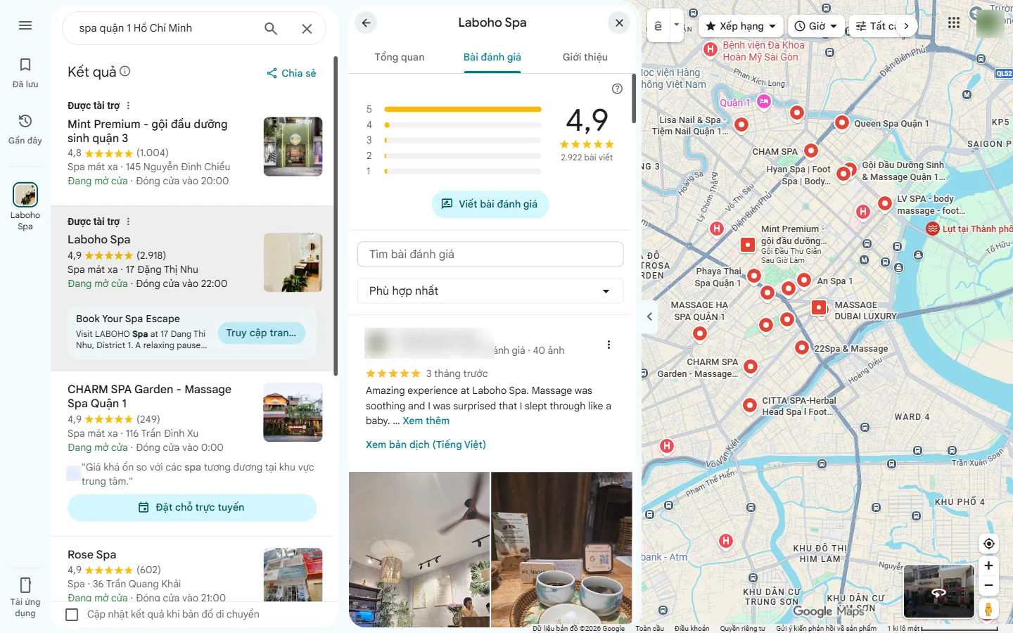 Google Maps – tab Bài đánh giá – 4,9 sao trên 2.922 bài viết, thanh 5 sao gần đầy