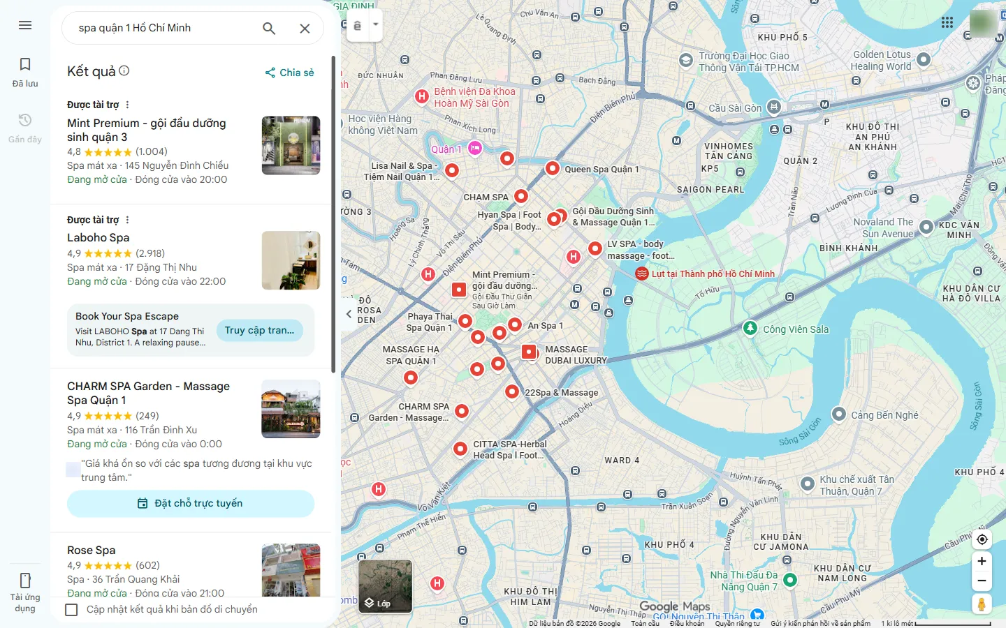 Google Maps – tìm 'spa quận 1' – các hồ sơ đầu danh sách đều 4,8 đến 4,9 sao, 249 đến 2.918 đánh giá