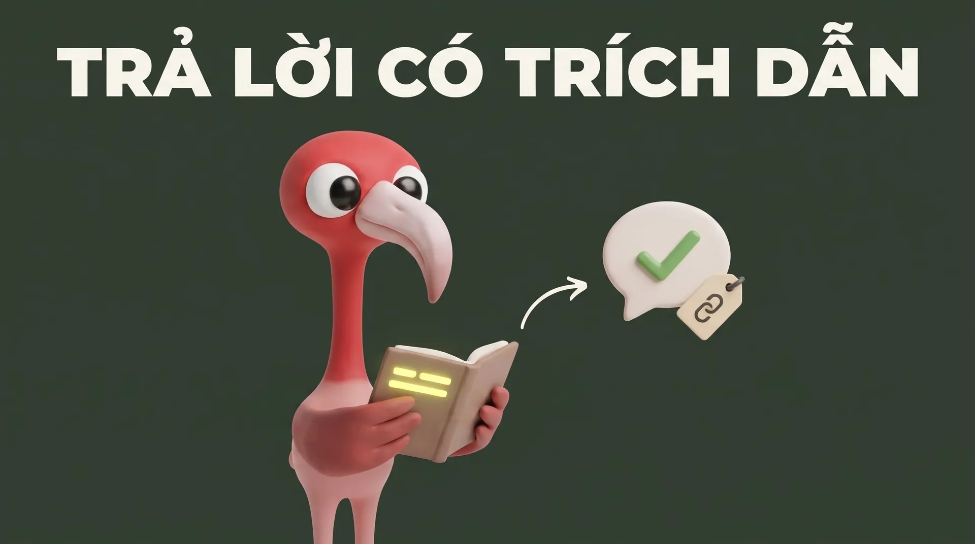 Minh hoạ RAG – bot đọc tài liệu có đoạn được highlight, rồi trả lời qua chat bubble kèm thẻ trích dẫn nguồn thay vì bịa