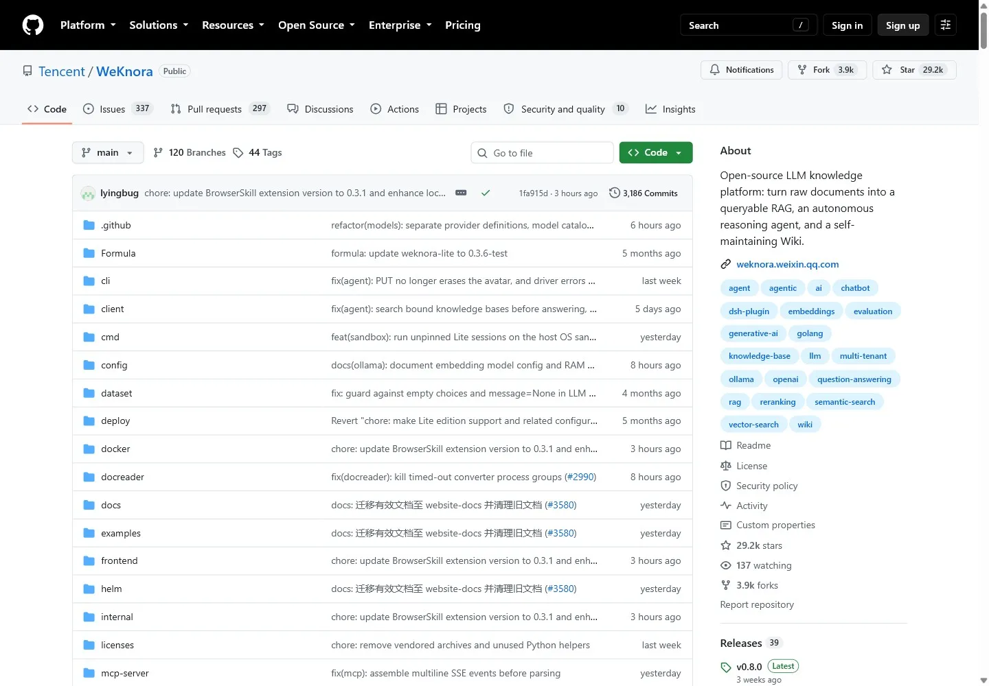 GitHub Tencent/WeKnora – trang repo chính – 29,2 nghìn sao, 3,9 nghìn fork, chủ đề rag/chatbot/knowledge-base